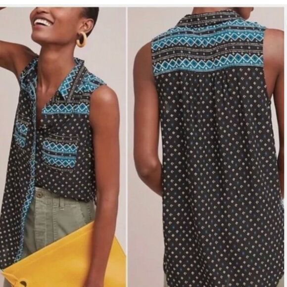 ANTHROPOLOGIE Sleeveless Tunic Button Down Aztec Southwestern Blouse - Picture 6 of 11
